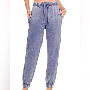 Acid Wash Fleece Jogger Sweatpants w/ Pockets in Marlin